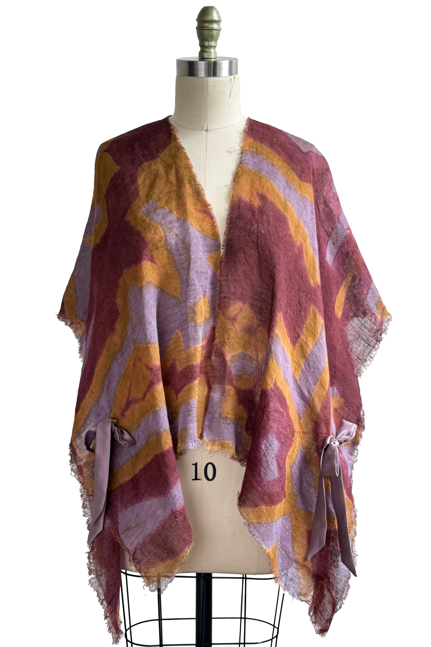 Open Weave Linen Drape w/ Silk Ties Itajime Shibori Dye - Plum, Lavender & Orange
