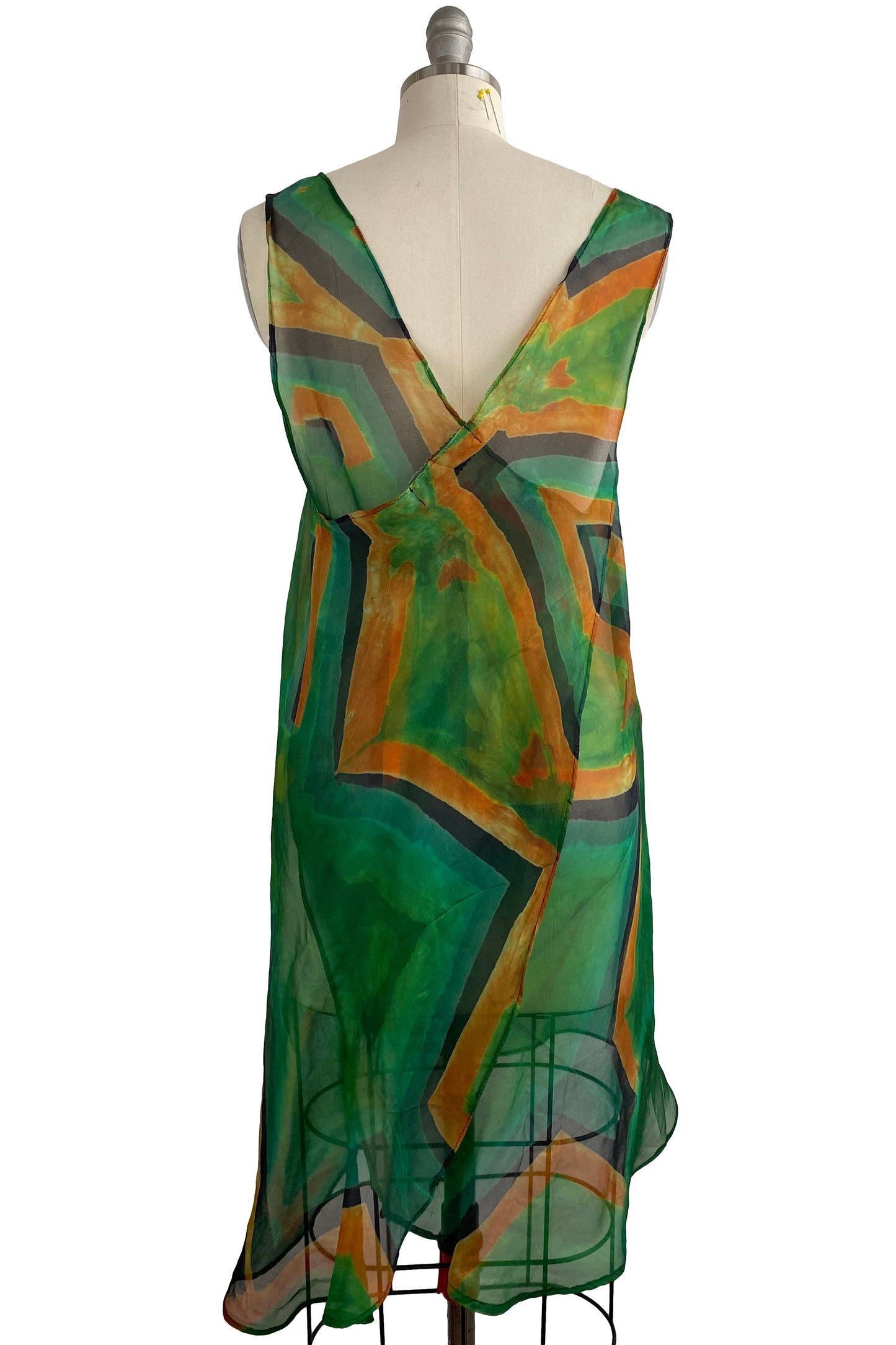 Apron Dress in Silk Organza | Shibori Dye - Green, Orange & Black