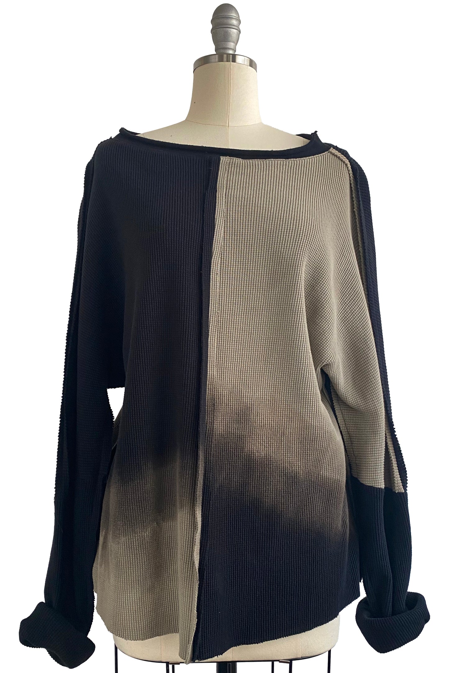 Portia Waffle Knit Top Long Sleeve - Black & Natural