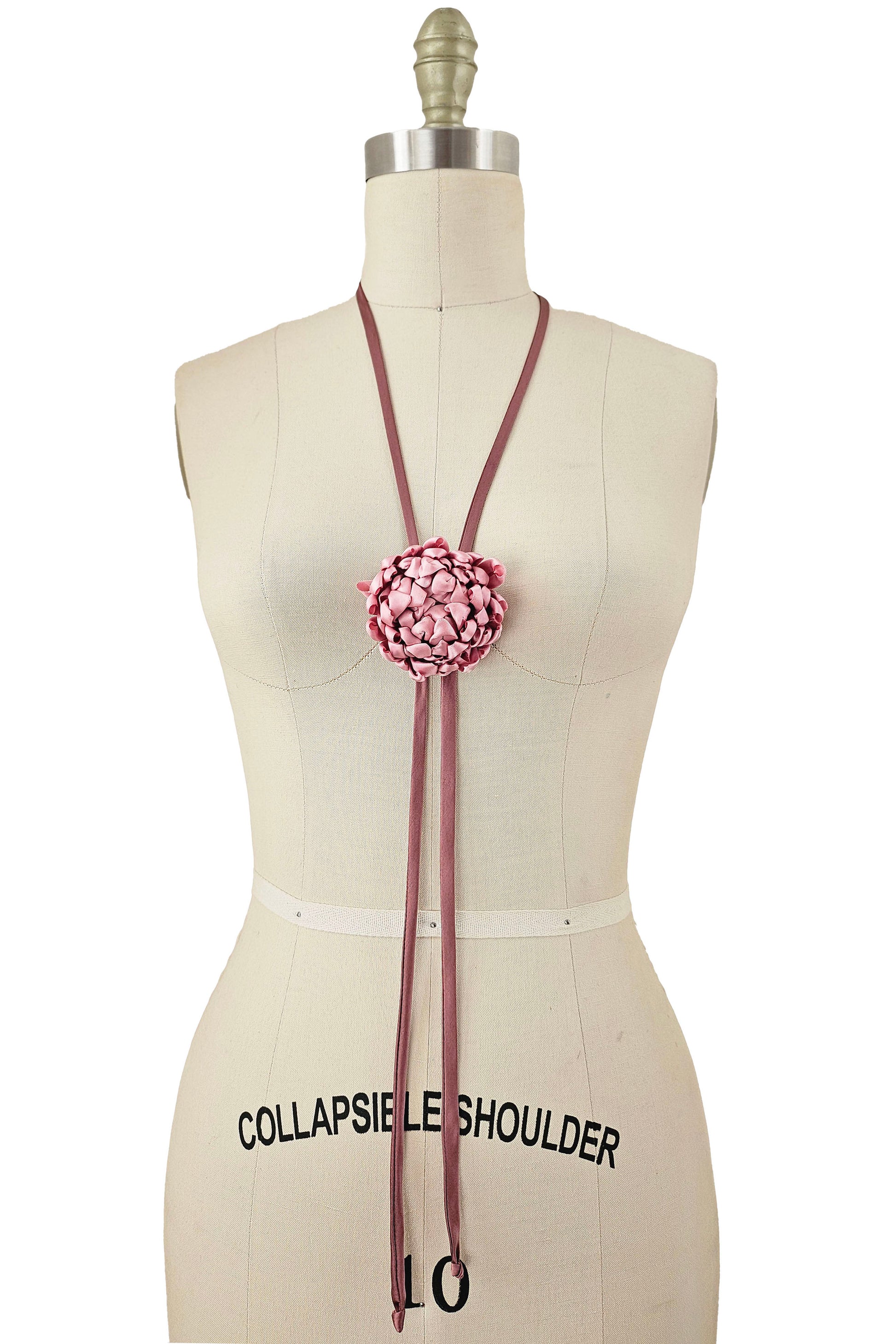 Adriana Handcrafted Silk Bolo Tie Necklace made from fabric remnants with sculpted floral detail.