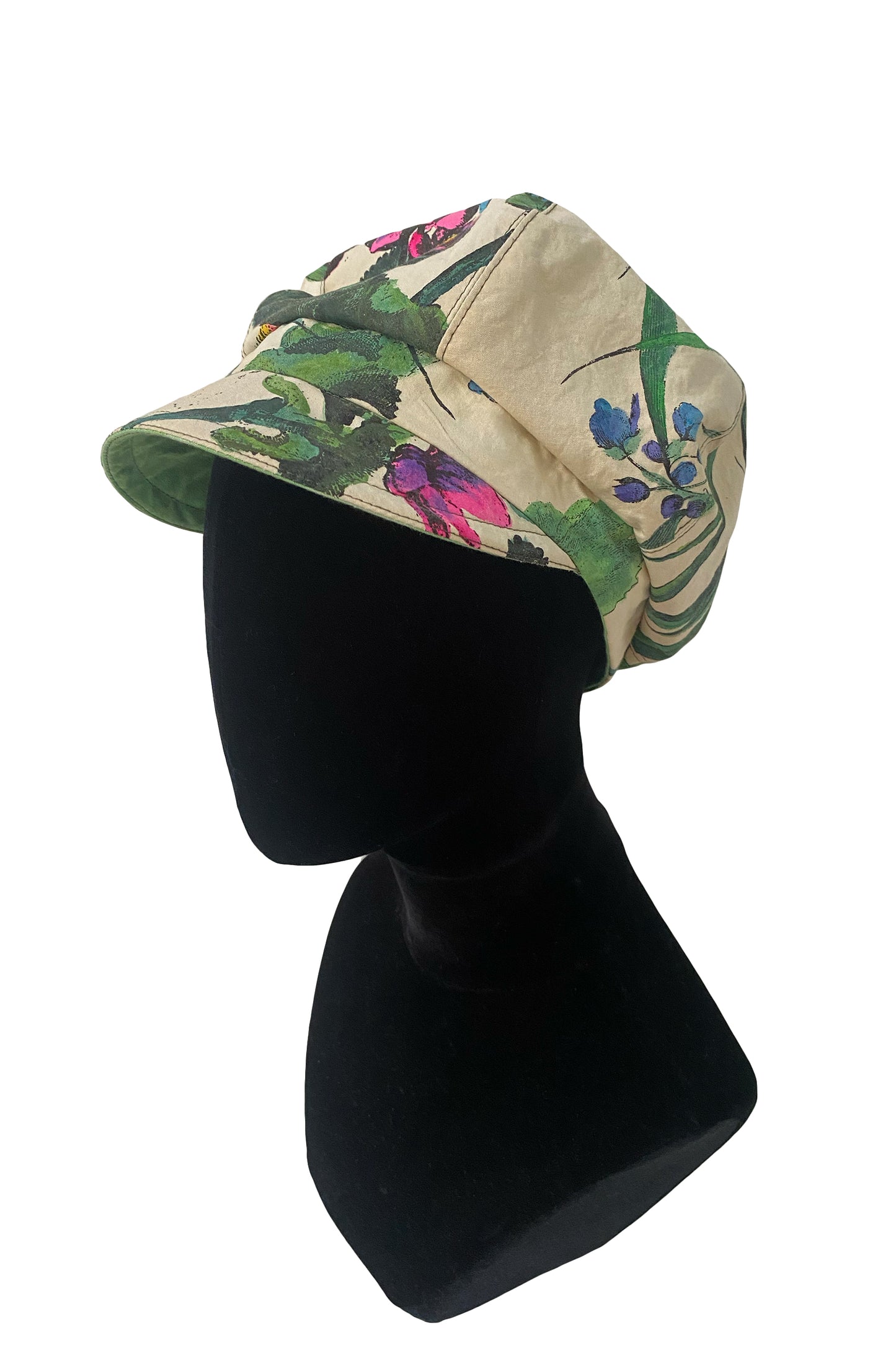 Brixton Hat - Handpainted Botanical Print - Natural, Green, Pink & Blue