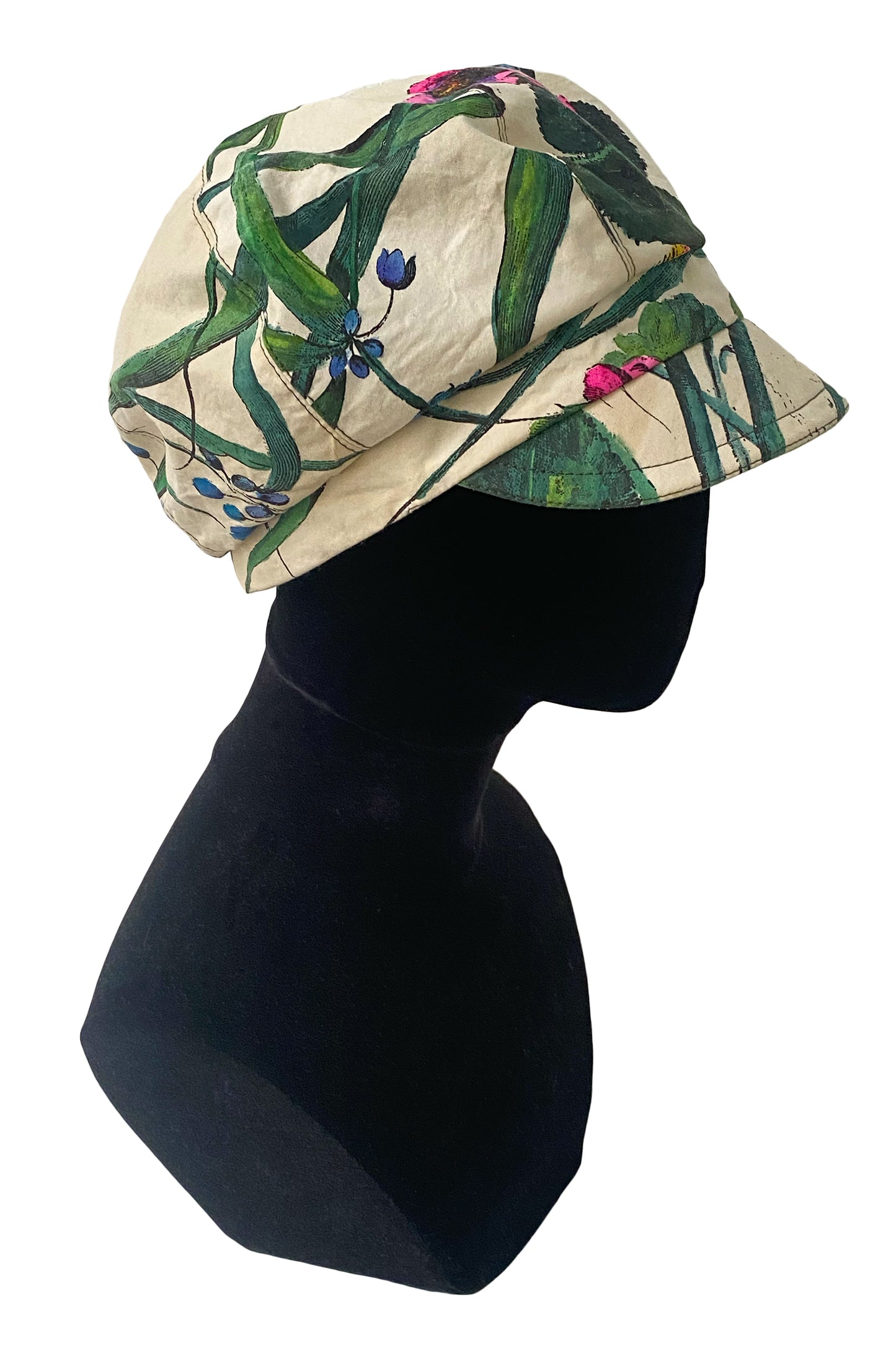 Brixton Hat - Handpainted Botanical Print - Natural, Green, Pink & Blue