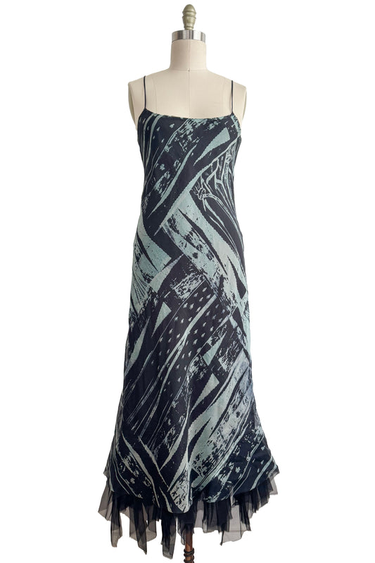 Kappa Dress in Silk w/Organza Trim & Brass Print - Black & Aqua - Small