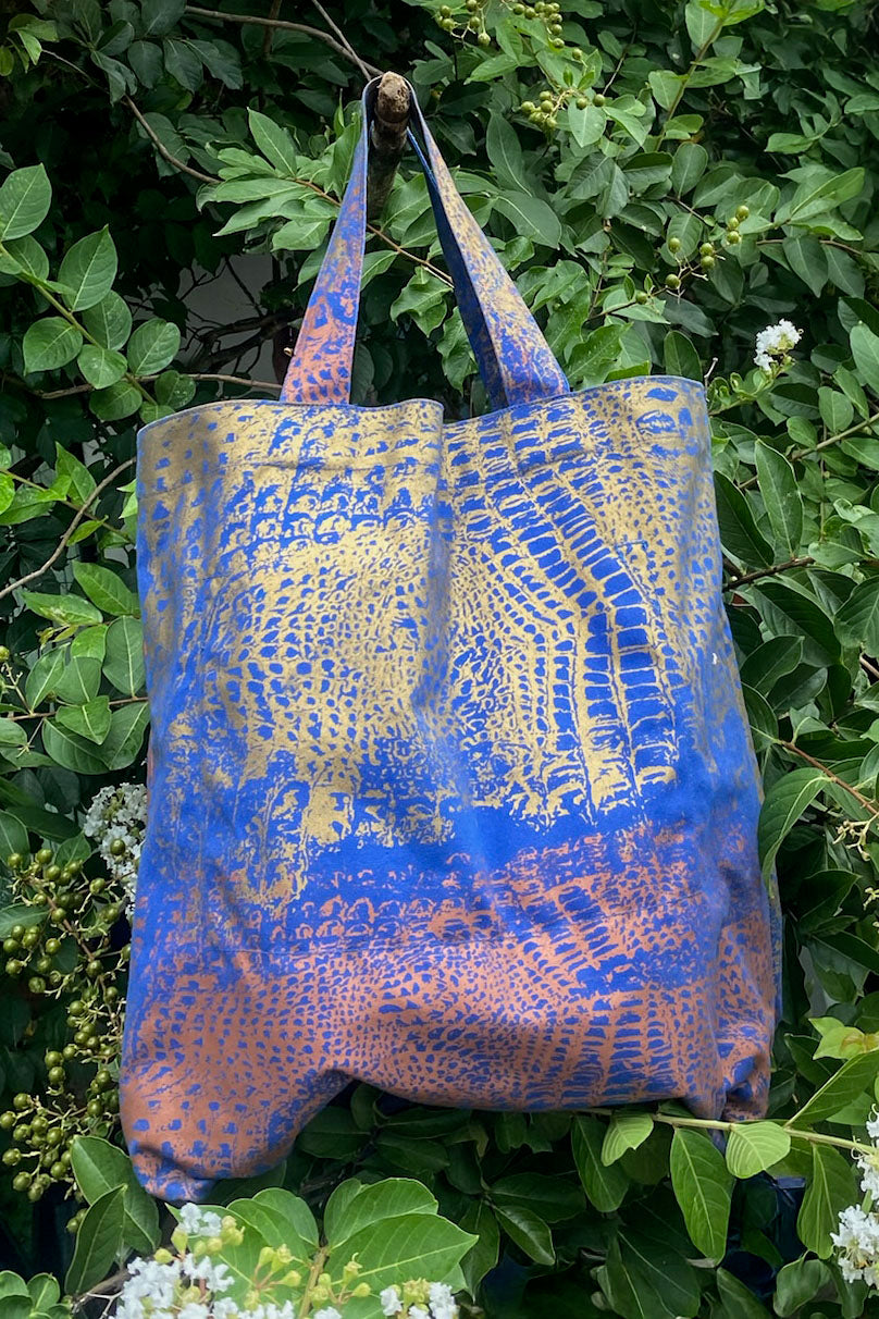 KB x Alquimie Studio Canvas Tote w/ Alligator Print - Blue, Gold & Copper
