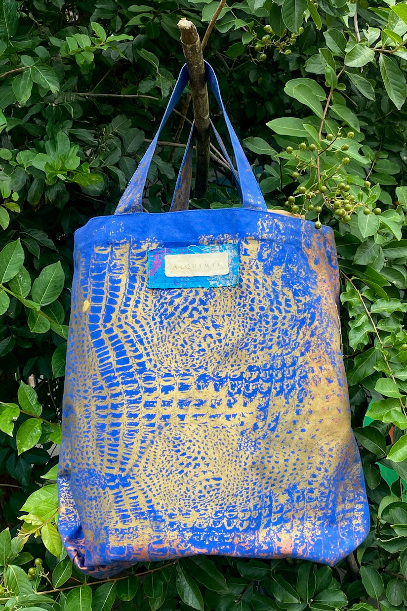 KB x Alquimie Studio Canvas Tote w/ Alligator Print - Blue, Gold & Copper