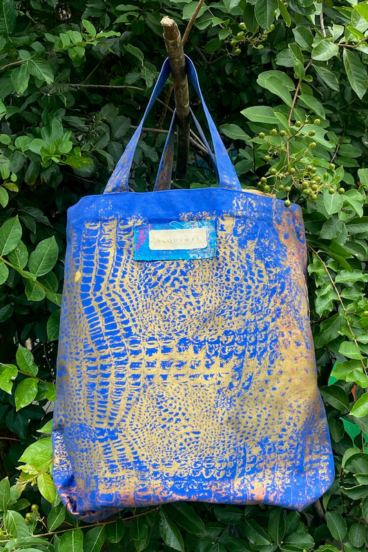 KB x Alquimie Studio Canvas Tote w/ Alligator Print - Blue, Gold & Copper