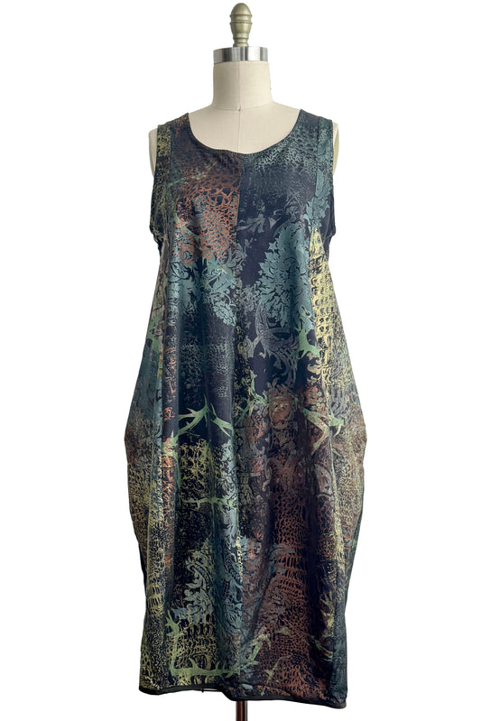 Plum Dress in Silk - Chaos Print - Green, Black, Blue & Copper - One Size