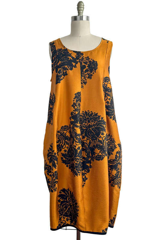 Plum Dress in Silk - Jacquard Floral Print - Black & Copper - One Size