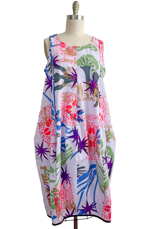 Plum Dress - Seerucker Cotton - Chaos Print - Purple, Coral, Green, Blue & Gold - Medium