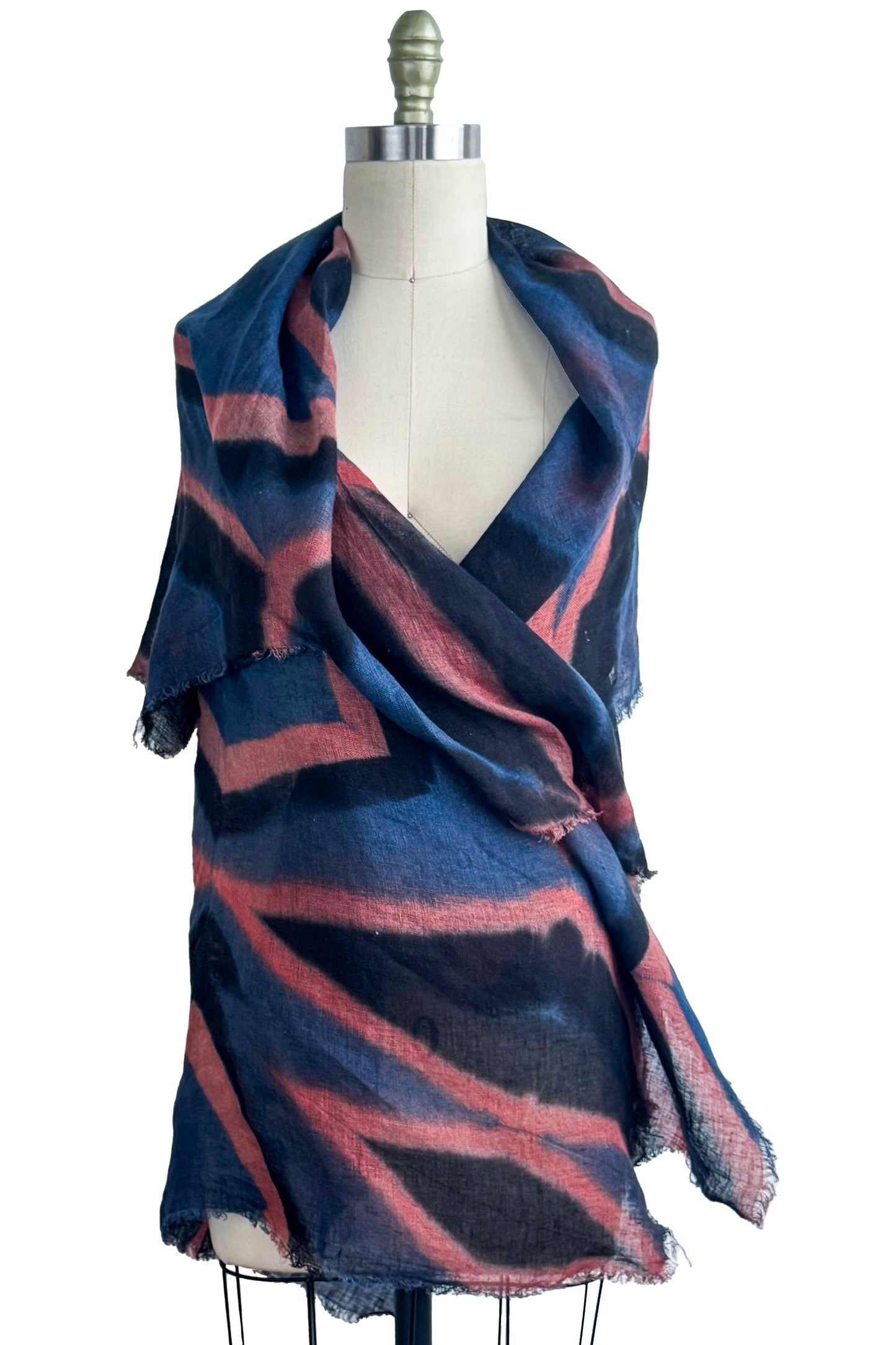 Asymmetrical Wrap Vest - Linen - Itajimie Dye - Midnight Blue, Black & Brick Red
