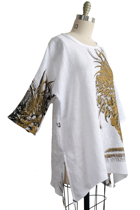 Greg's Tunic in Linen - Bouquet Print - White, Black, Gold - Medium