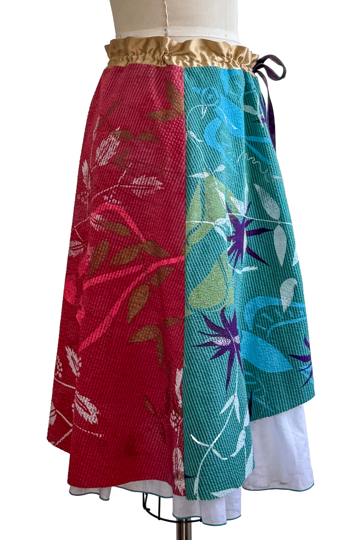 Cannes Skirt - Seersucker Cotton - Botanical Print - Turquoise & Red