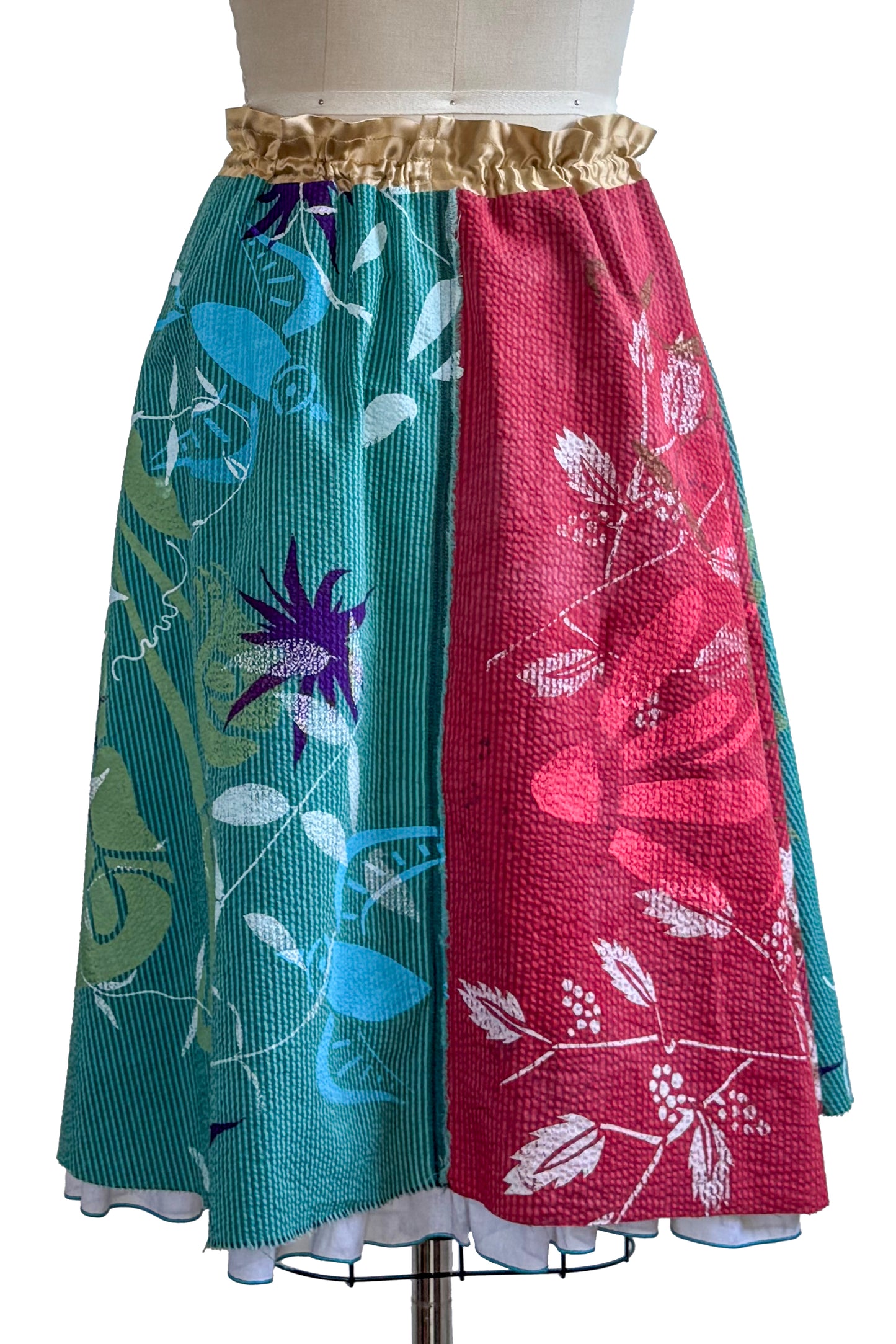 Cannes Skirt - Seersucker Cotton - Botanical Print - Turquoise & Red