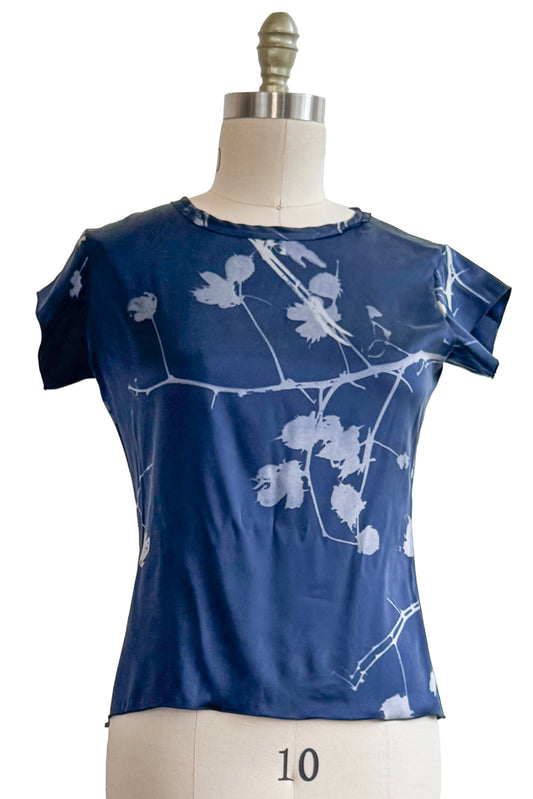 Sonya T-Shirt in Stretch Silk - Cotton Print - Blue  - Small