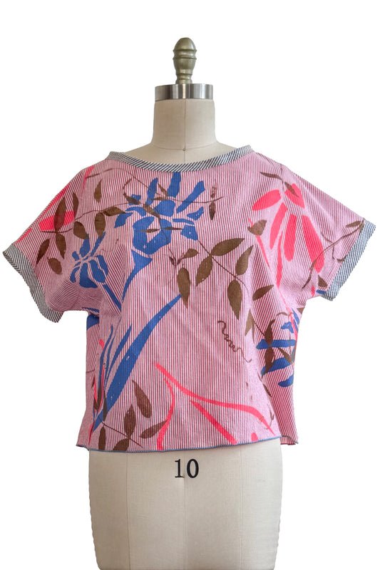 Jen Top - Seersucker Cotton - Vine & Floral Print - Red, Blue & Coral - Medium