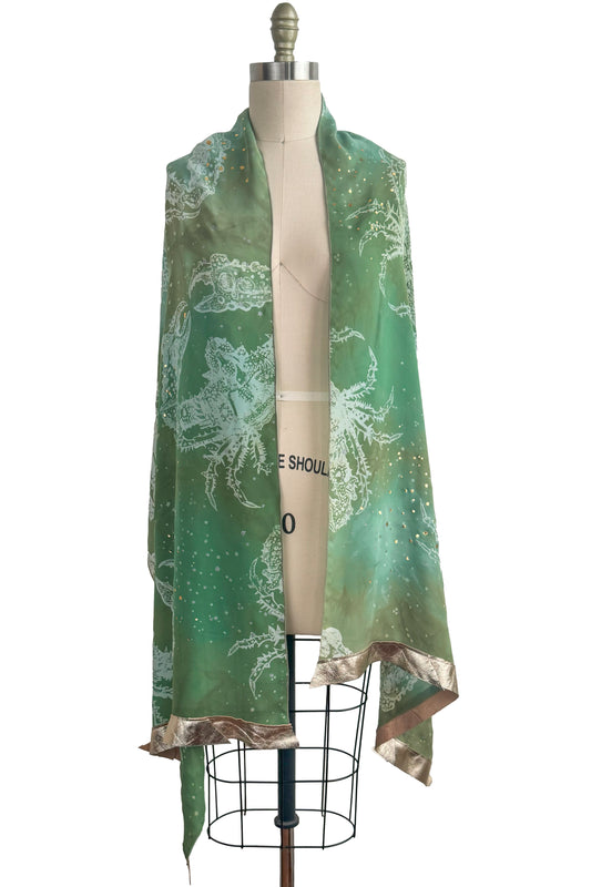 Shawl - Silk Georgette - Leather Trim - Crab Print - Light Green & Gold