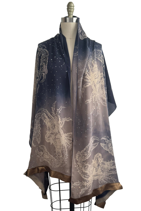 Shawl - Silk Georgette - Leather Trim - Crab Print - Midnight Blue & Mushroom Grey