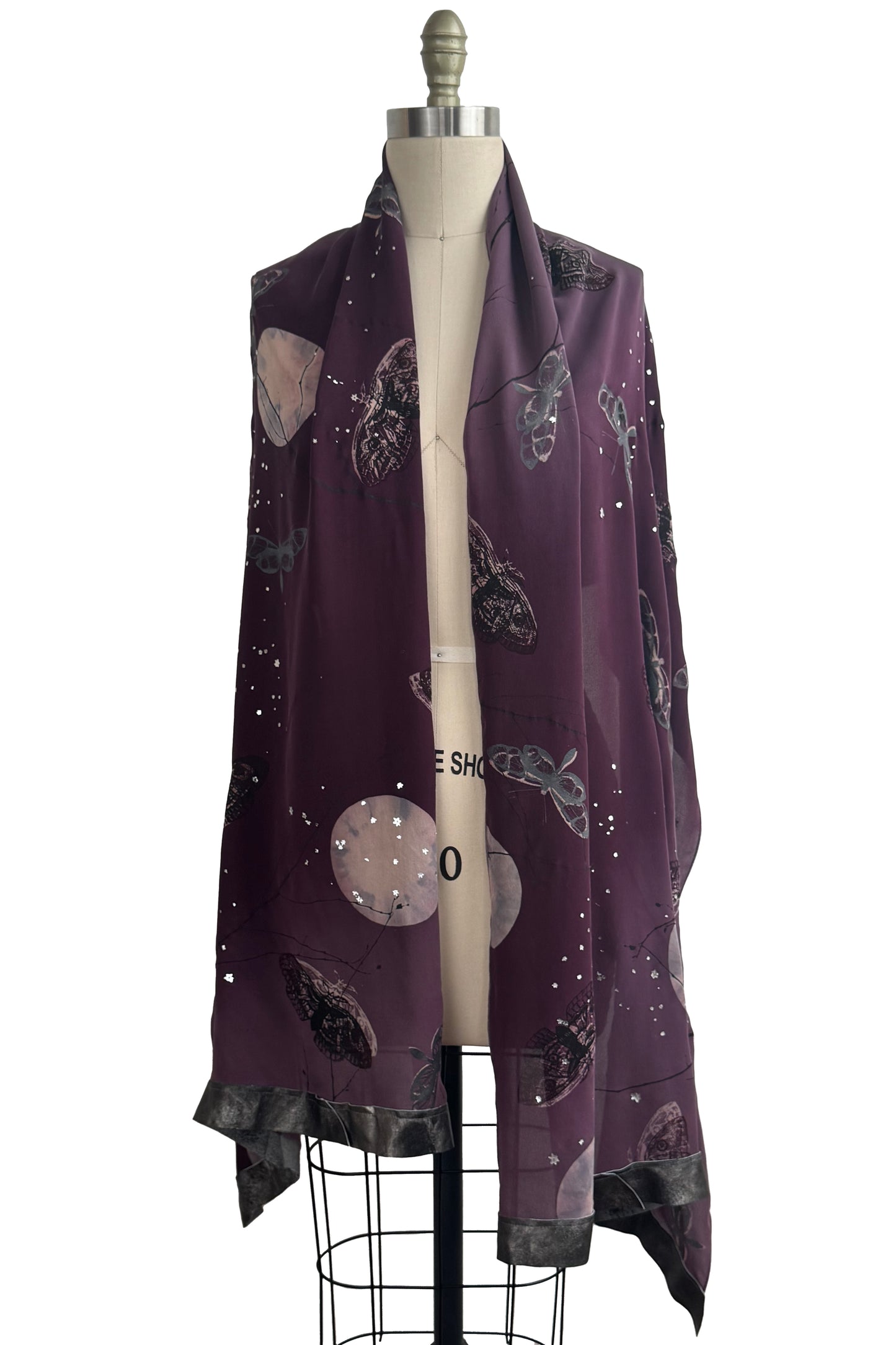 Shawl - Silk Georgette - Leather Trim - Moth & Moon Print - Purple & Silver