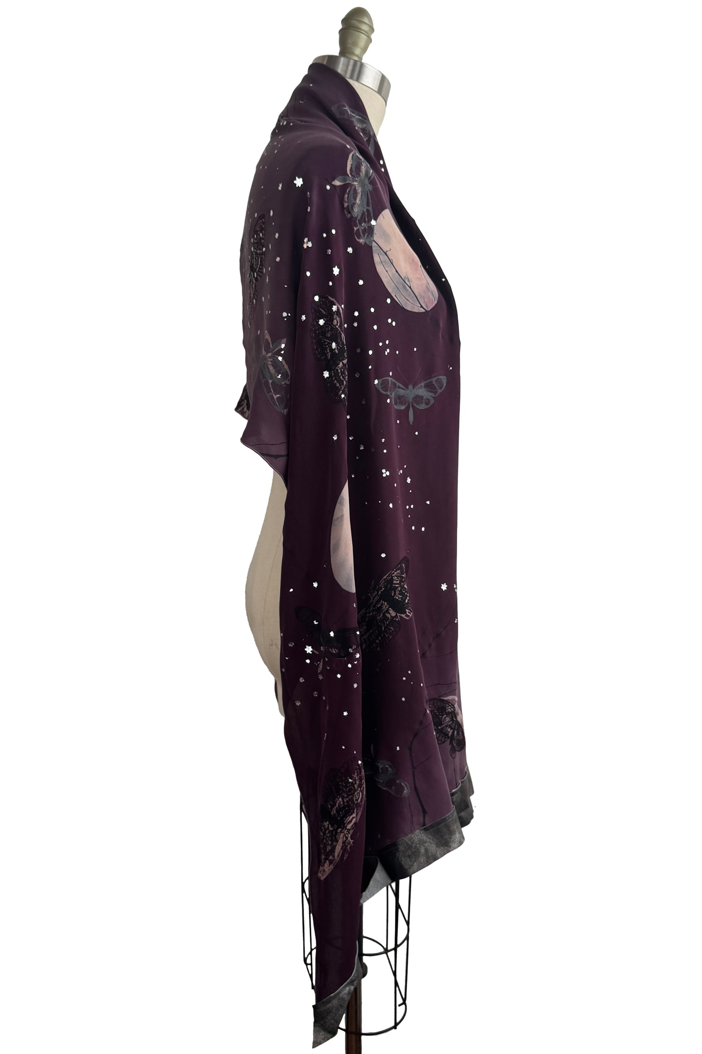 Shawl - Silk Georgette - Leather Trim - Moth & Moon Print - Purple & Silver
