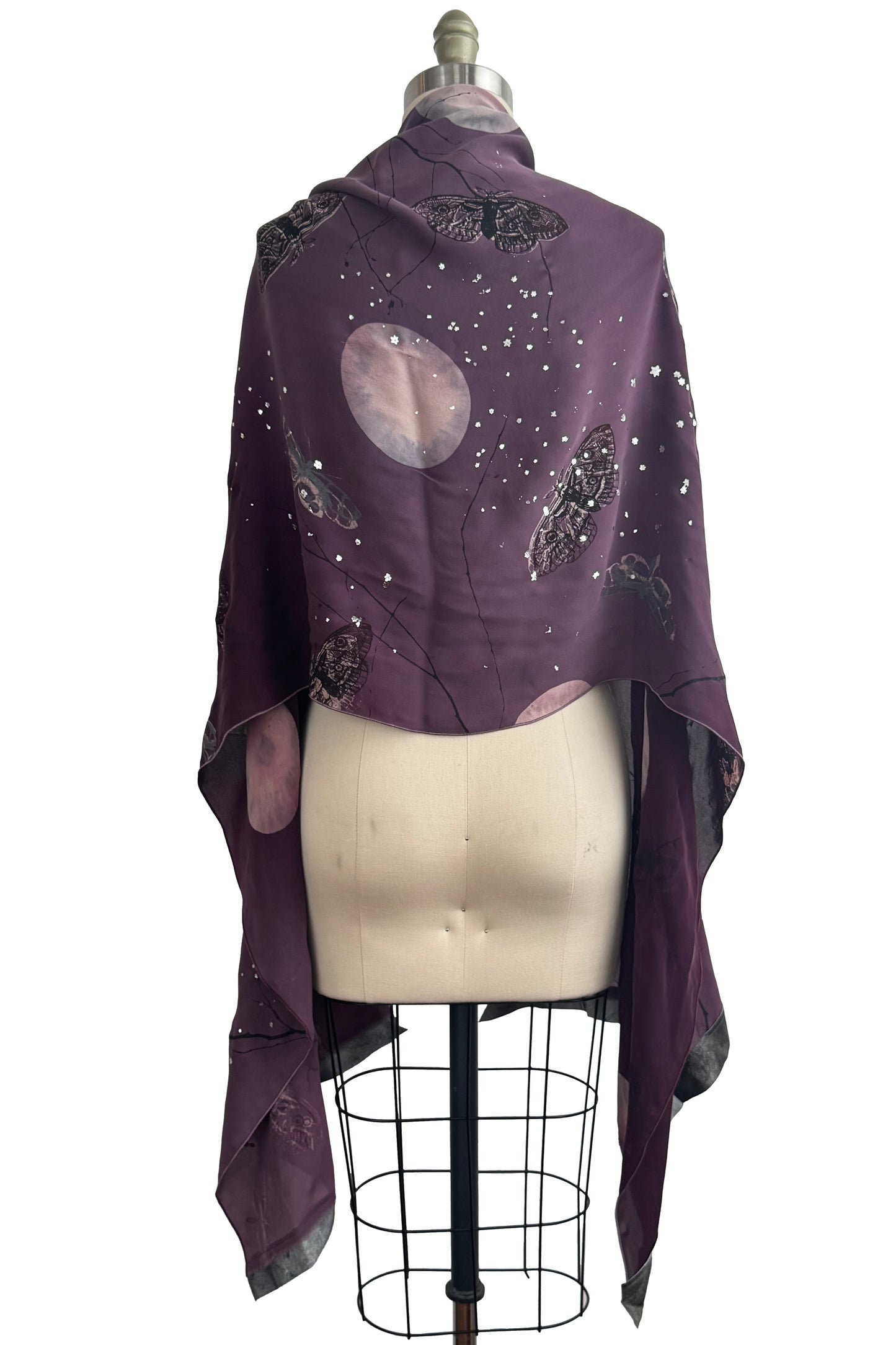 Shawl - Silk Georgette - Leather Trim - Moth & Moon Print - Purple & Silver