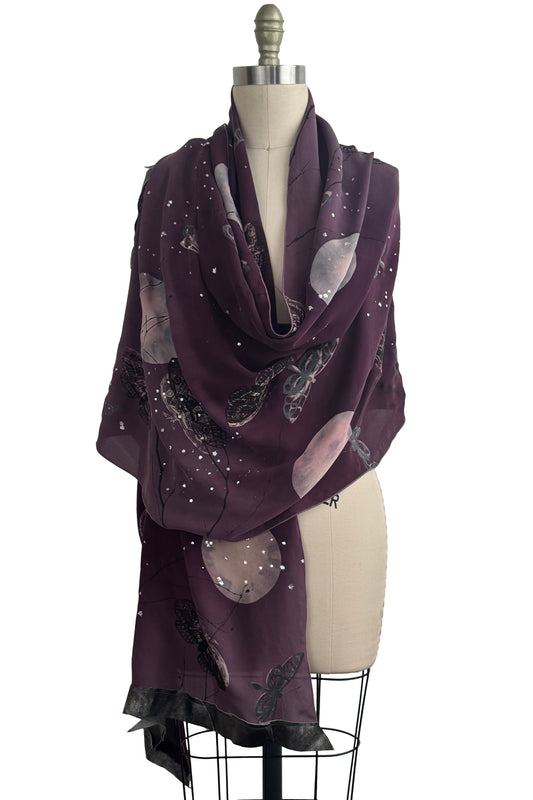 Shawl - Silk Georgette - Leather Trim - Moth & Moon Print - Purple & Silver