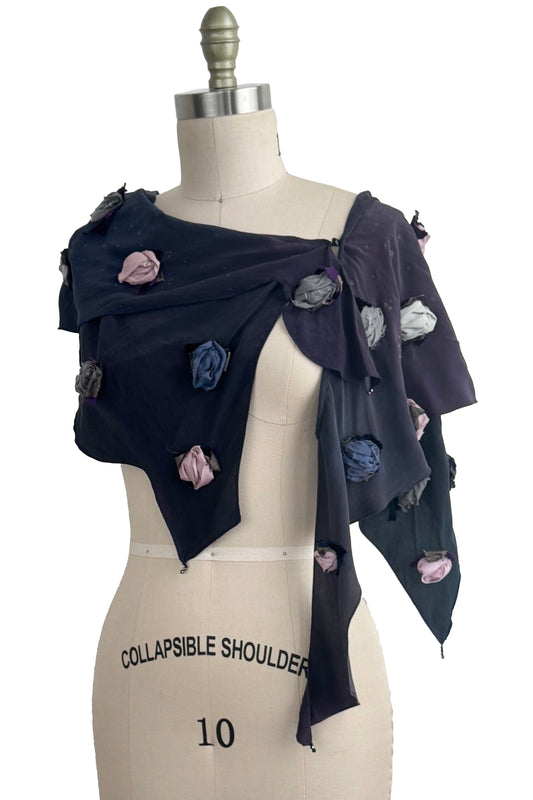 Crepe de Chine Krazy Scarf - Silk Rosettes & Beads - Midnight, Lavender & Grey