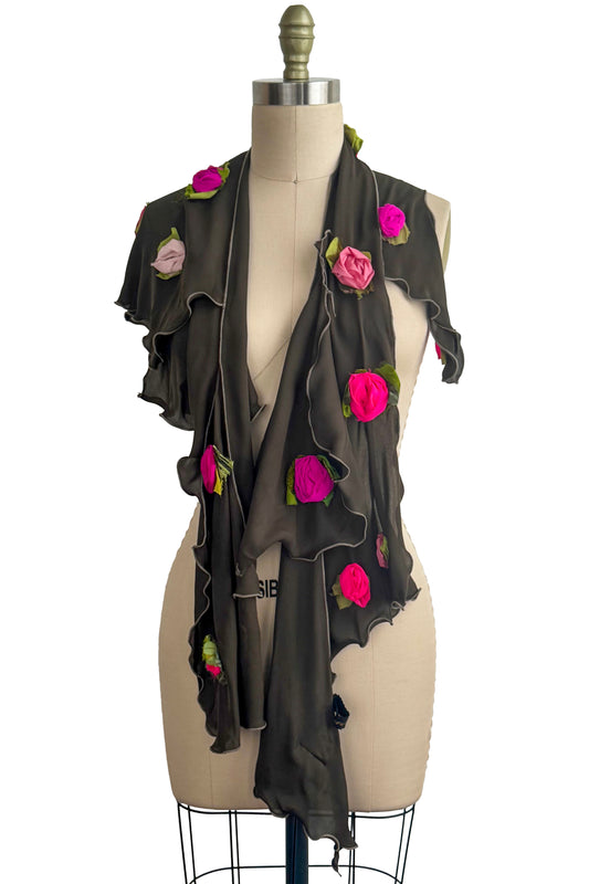 Georgette Krazy Scarf - Silk Rosettes - Olive & Pink