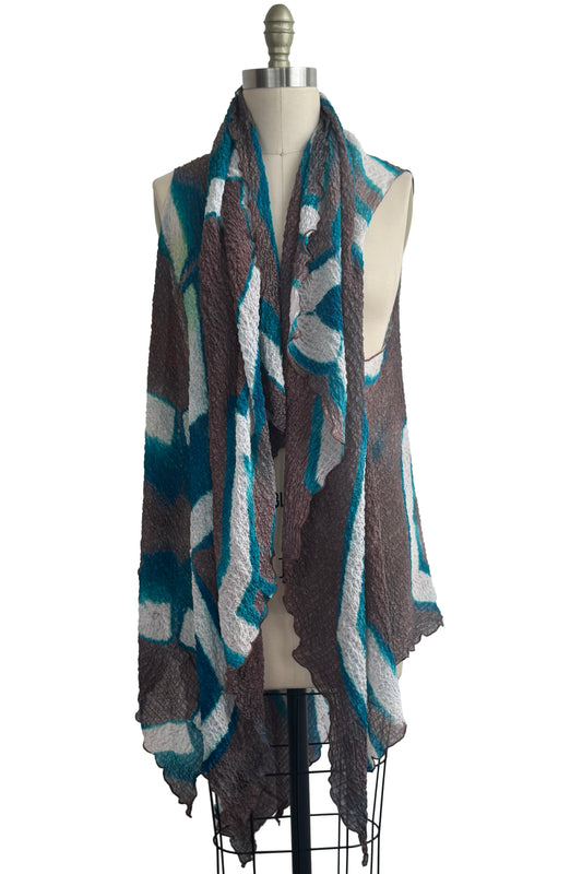 Asymmetrical Wrap Vest - Waffle Silk - Itajime Dye - Turquoise, White & Taupe