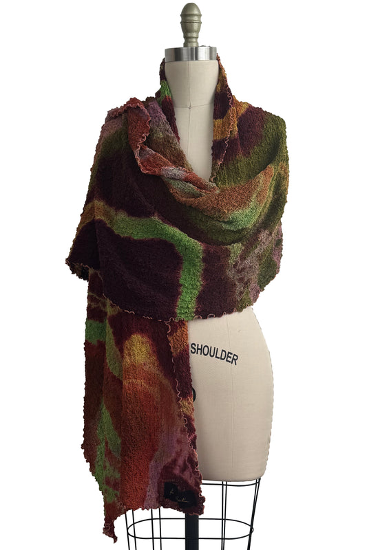 Bubble Silk Shawl - River Dye - Lime Green, Rust, Olive Green, & Maroon