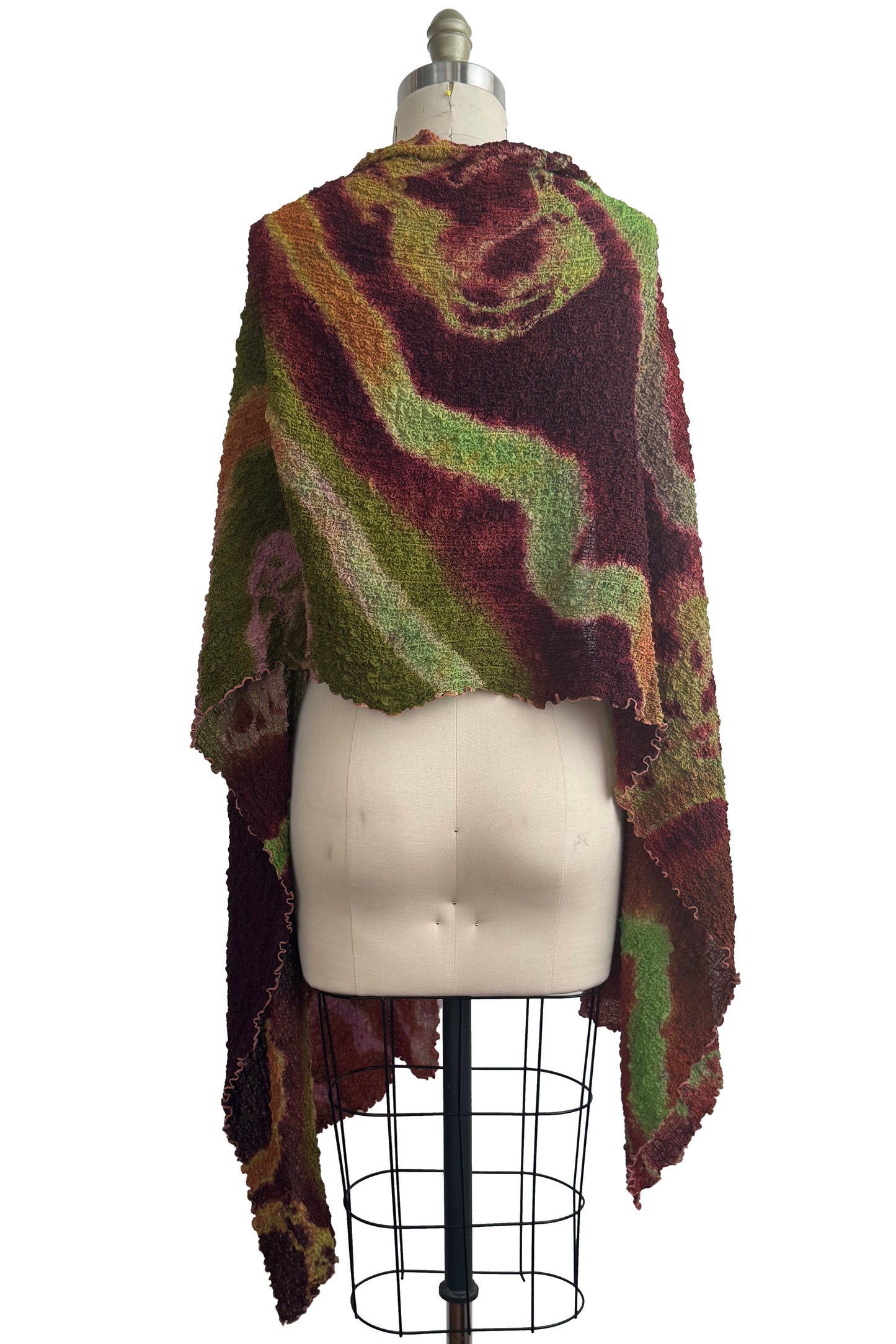 Bubble Silk Shawl - River Dye - Lime Green, Rust, Olive Green, & Maroon
