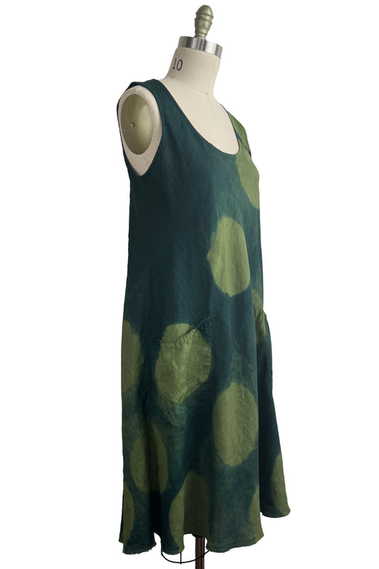 Emilia Dress - Linen - Itajimie Dye - Lime Green & Teal - Large