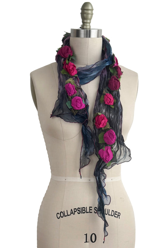 Organza Flower Scarf - Black w/ Pink, Blue - done