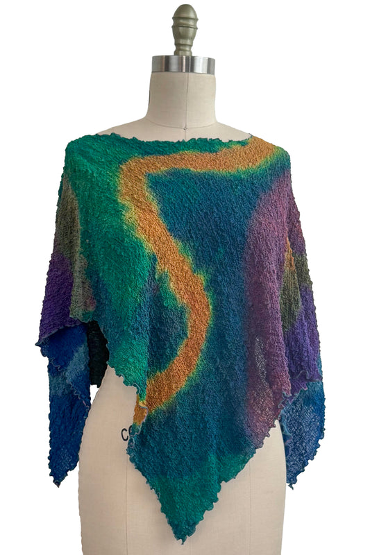 Bubble Silk Poncho - River Dye - Turquoise, Orange, Teal, Purple & Blue