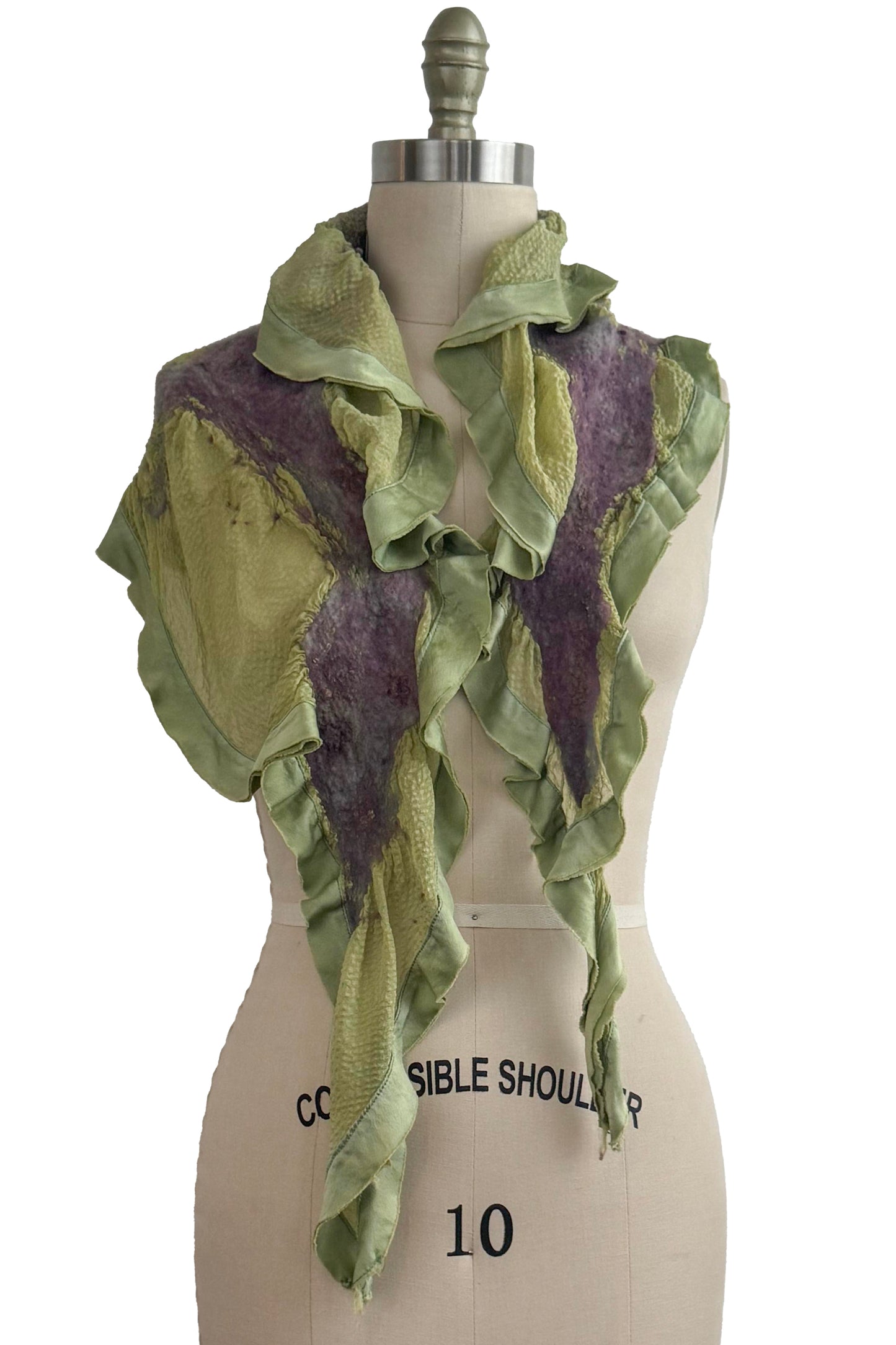 Felted Triangle Shawl - Seersucker Silk - Green & Lavender