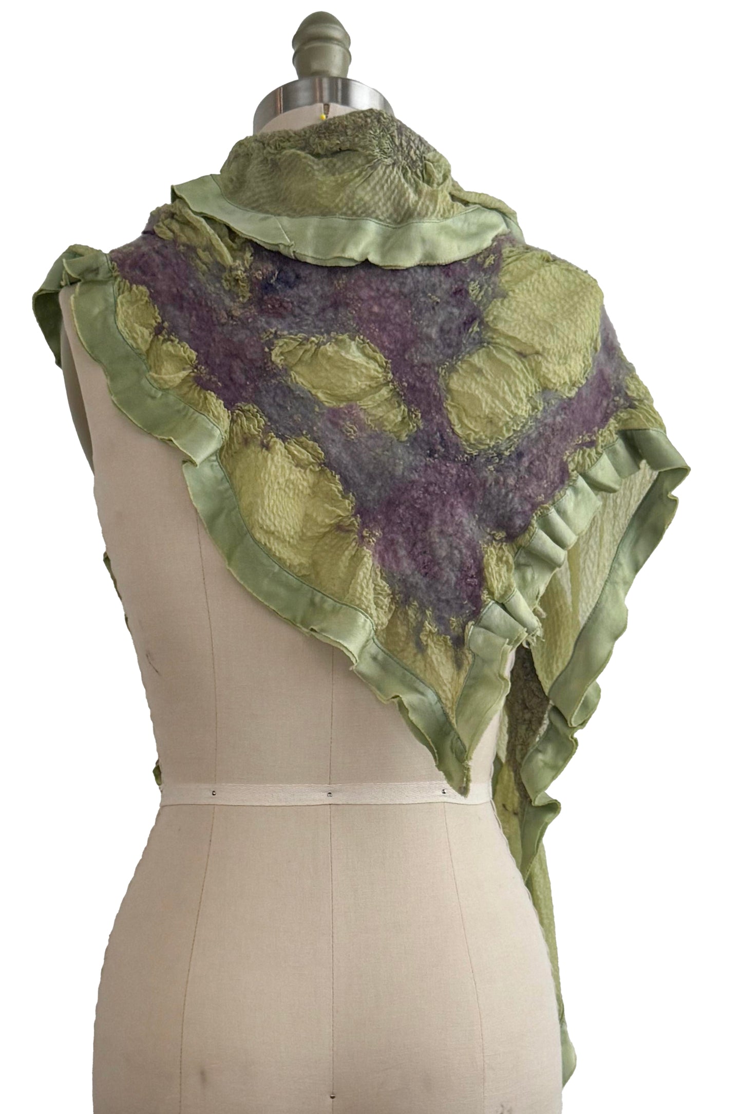 Felted Triangle Shawl - Seersucker Silk - Green & Lavender