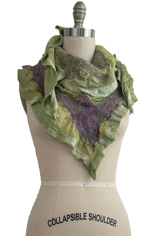 Felted Triangle Shawl - Seersucker Silk - Green & Lavender