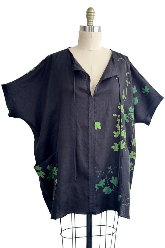 Jo Top Linen - Vine Print - Black & Green
