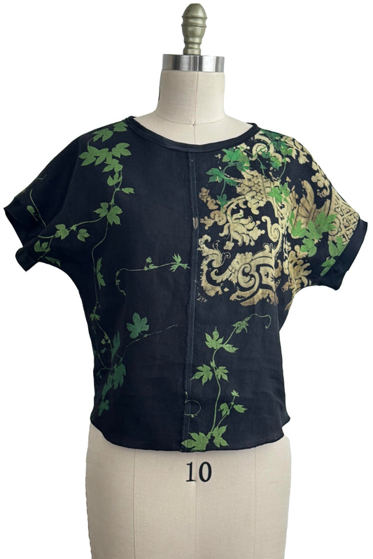 Jen Top - Linen - Vine, Moth & Wallpaper Print - Black, Green, Natural & Copper - Small
