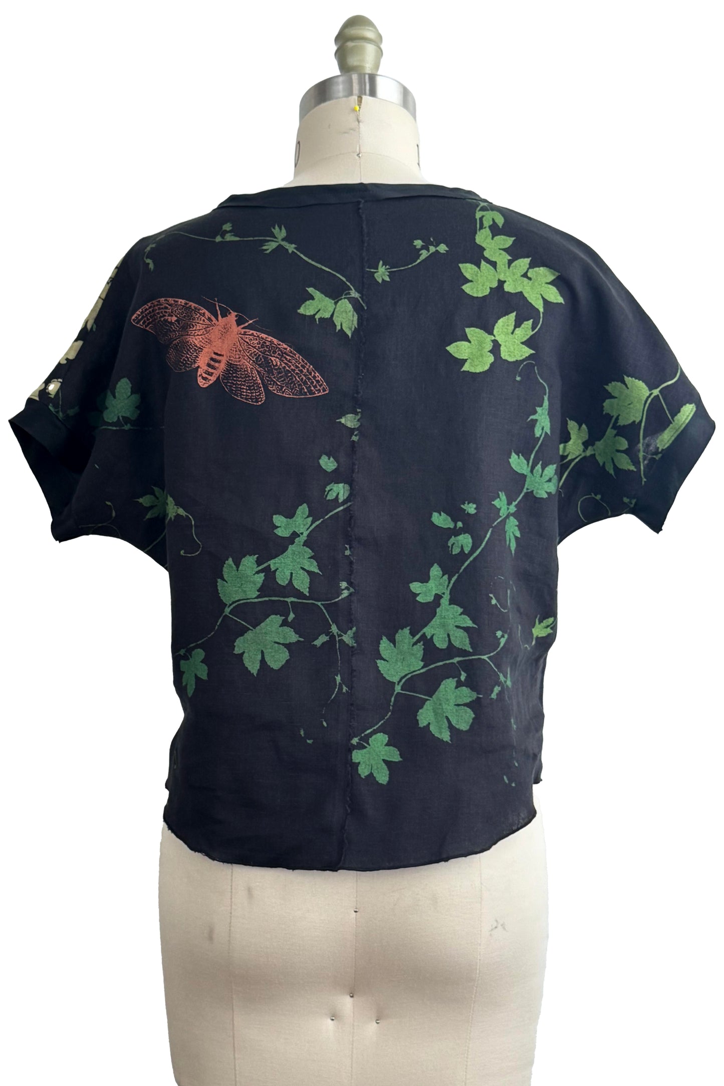 Jen Top - Linen - Vine, Moth & Wallpaper Print - Black, Green, Natural & Copper - Small