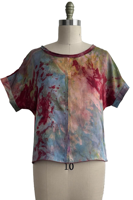 Jen Top - Silk - Painted Dye - Scarlet, Peach, Blue & Lime Green - Medium