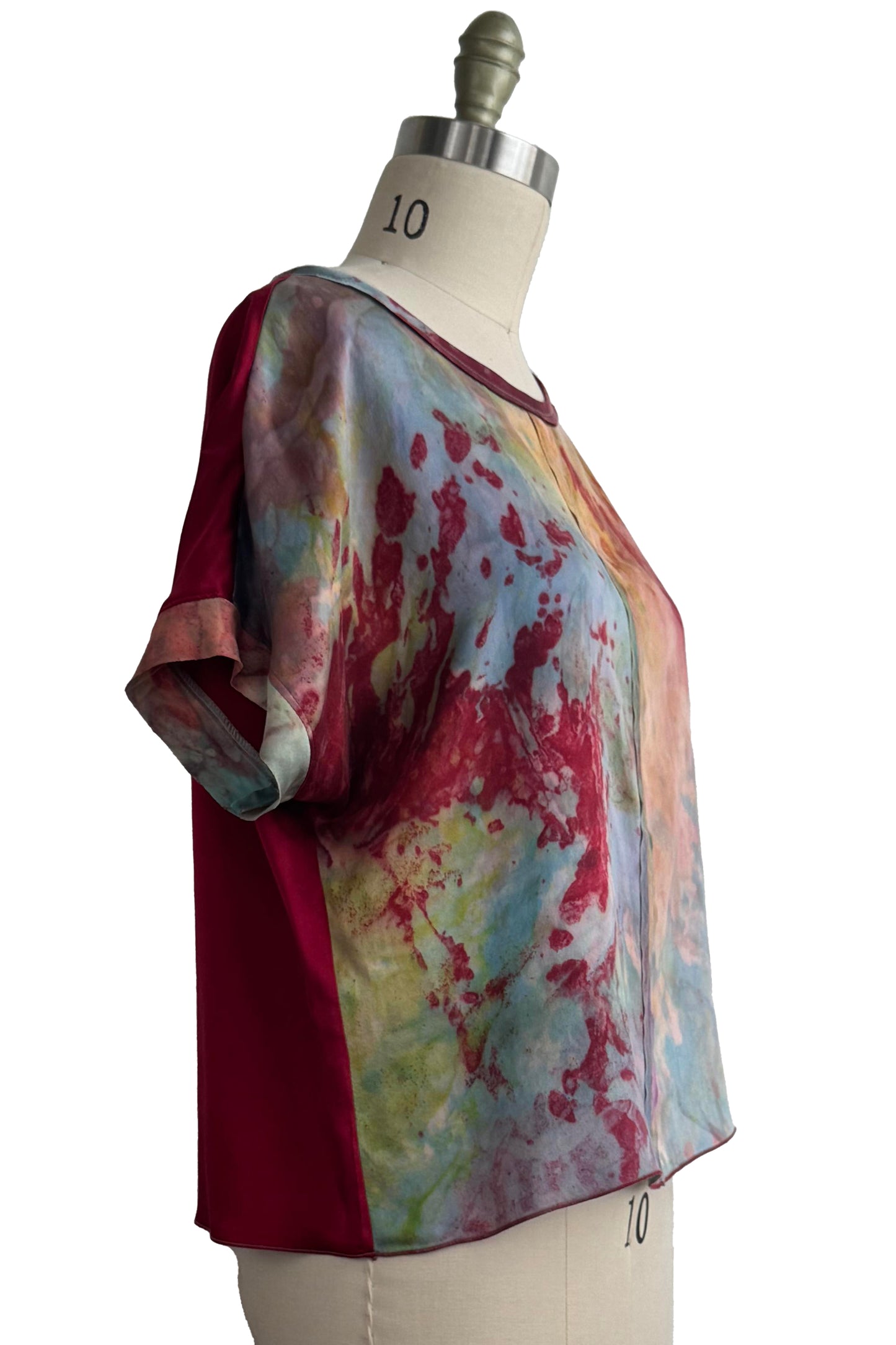 Jen Top - Silk - Painted Dye - Scarlet, Peach, Blue & Lime Green - Medium