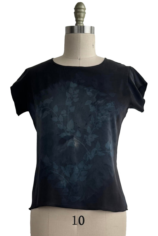 Sonya T-Shirt - Stretch Silk - Vine Print - Charcoal Grey & Blue - Small