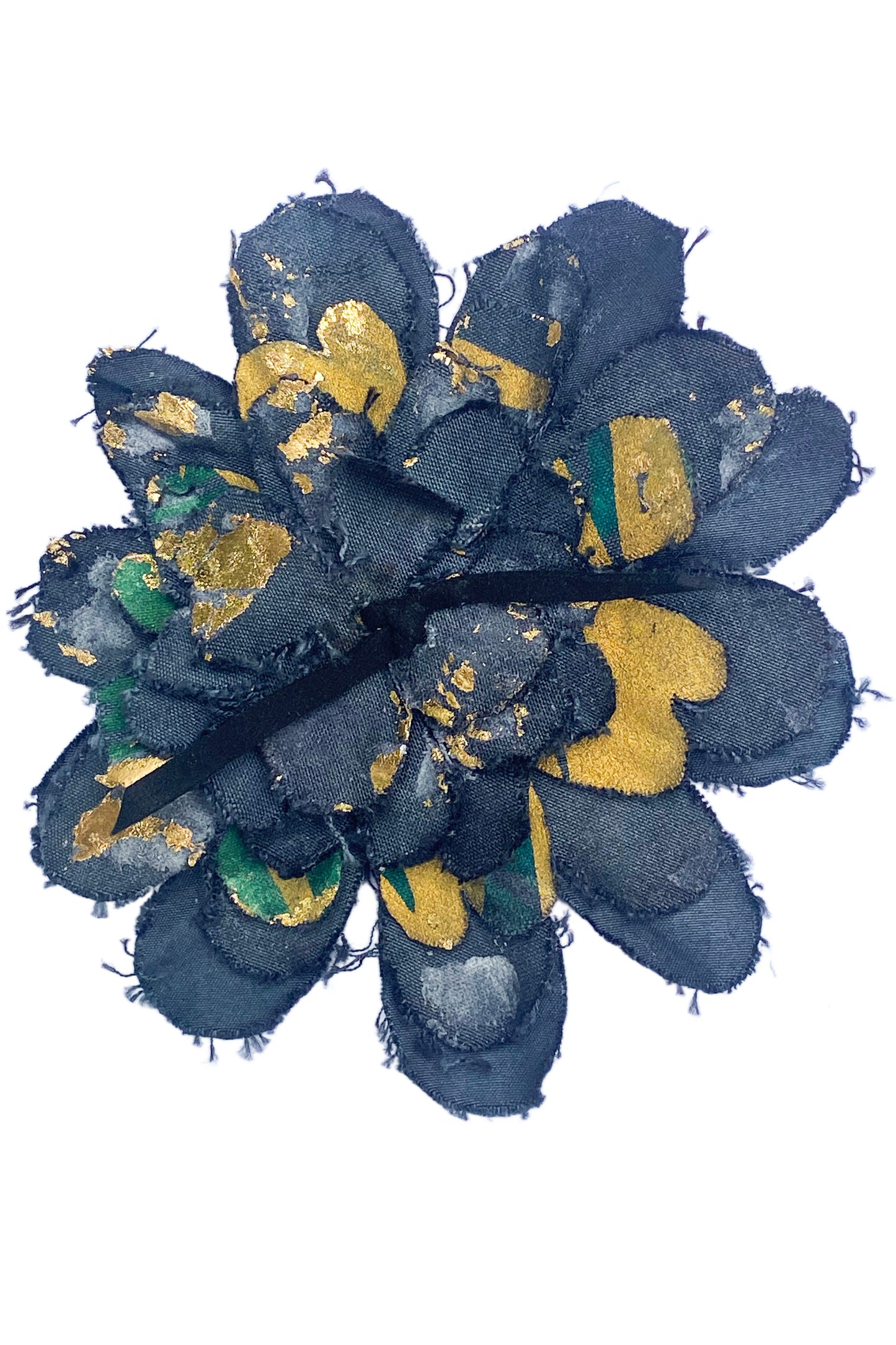 Magnetic Flower Brooch - Cotton - Foil Print - Charcoal, Gold & Green
