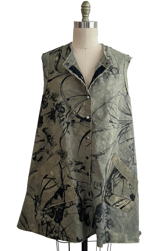 Quant Dress in Cotton - Marsh Garden Print - Olive Green & Black
