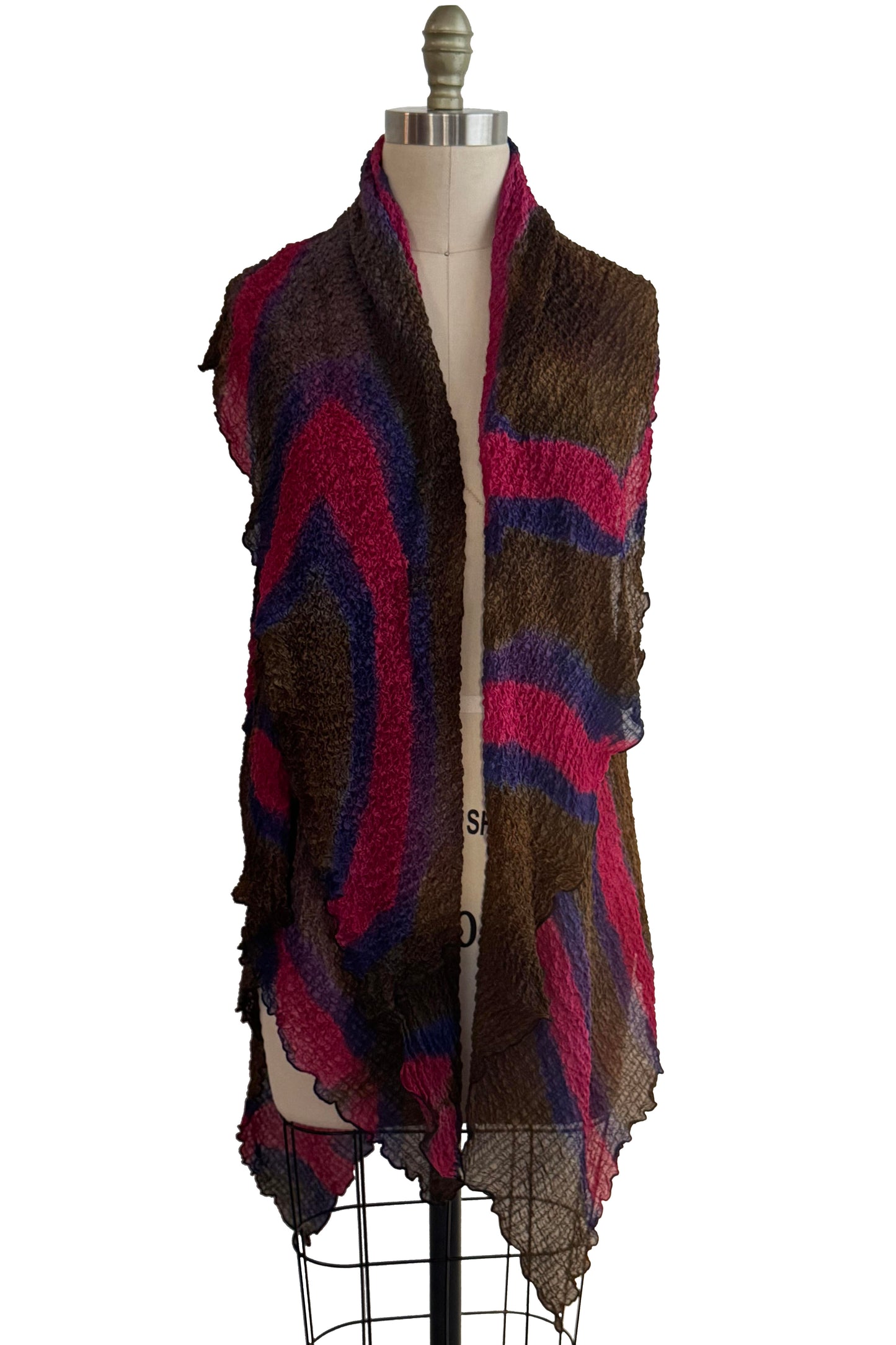 Asymmetrical Wrap Vest - Bubble Silk - Shibori Dye - Olive, Magenta & Blue
