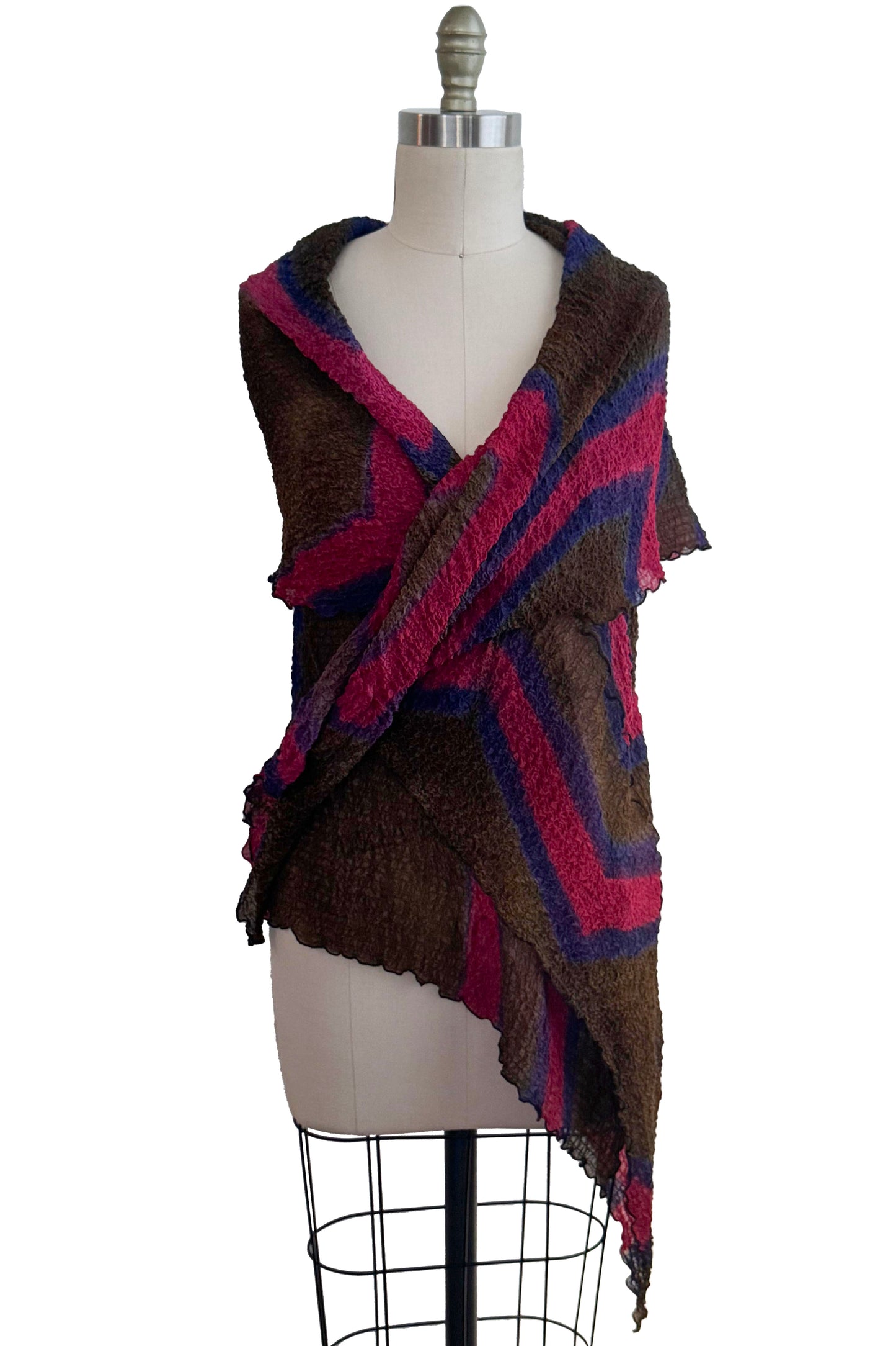 Asymmetrical Wrap Vest - Bubble Silk - Shibori Dye - Olive, Magenta & Blue