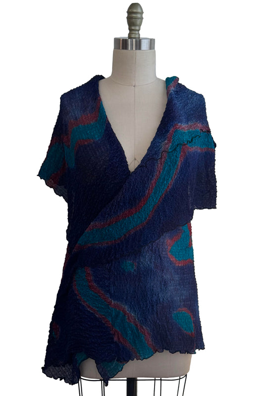 Asymmetrical Wrap Vest - Bubble Silk - Shibori Dye - Navy, Turquoise & Red