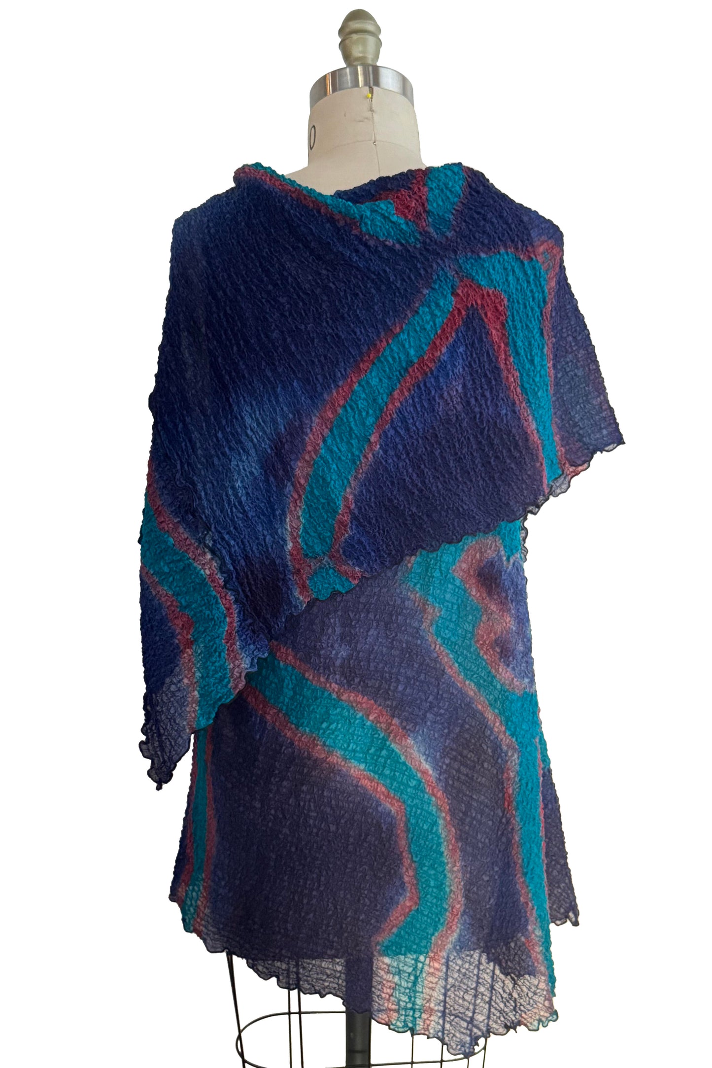 Asymmetrical Wrap Vest - Bubble Silk - Shibori Dye - Navy, Turquoise & Red
