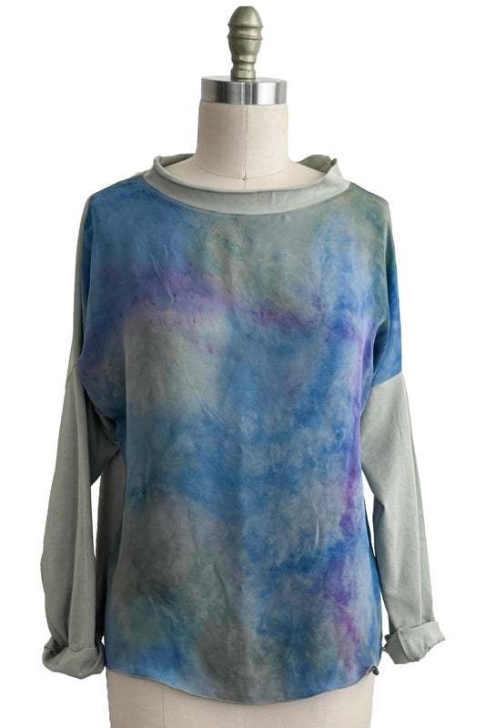 Portia Knit Top with Silk Panel - Painted - Sage & Blue