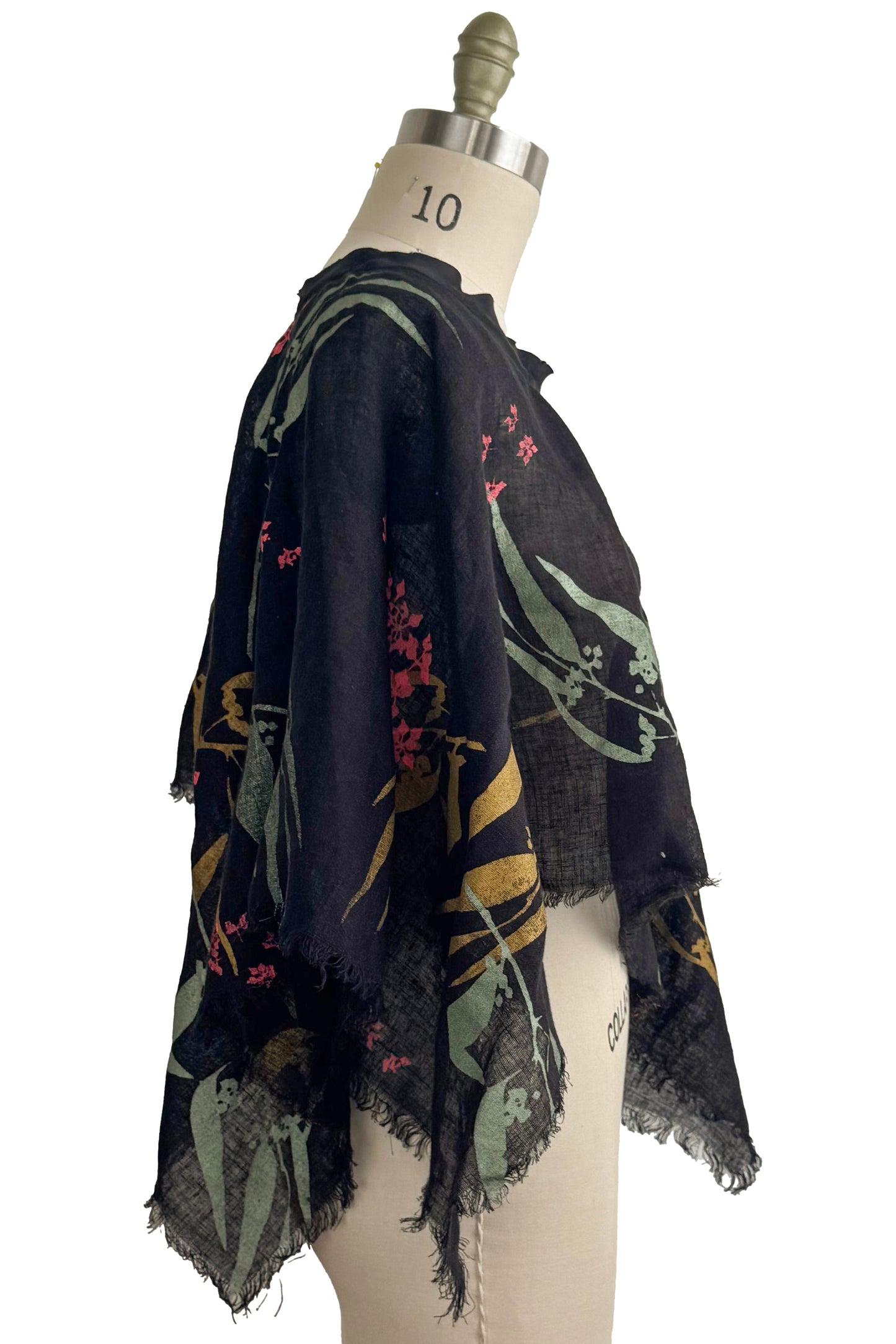Open Weave Linen Poncho - Botanical Eucalyptus Print - Black